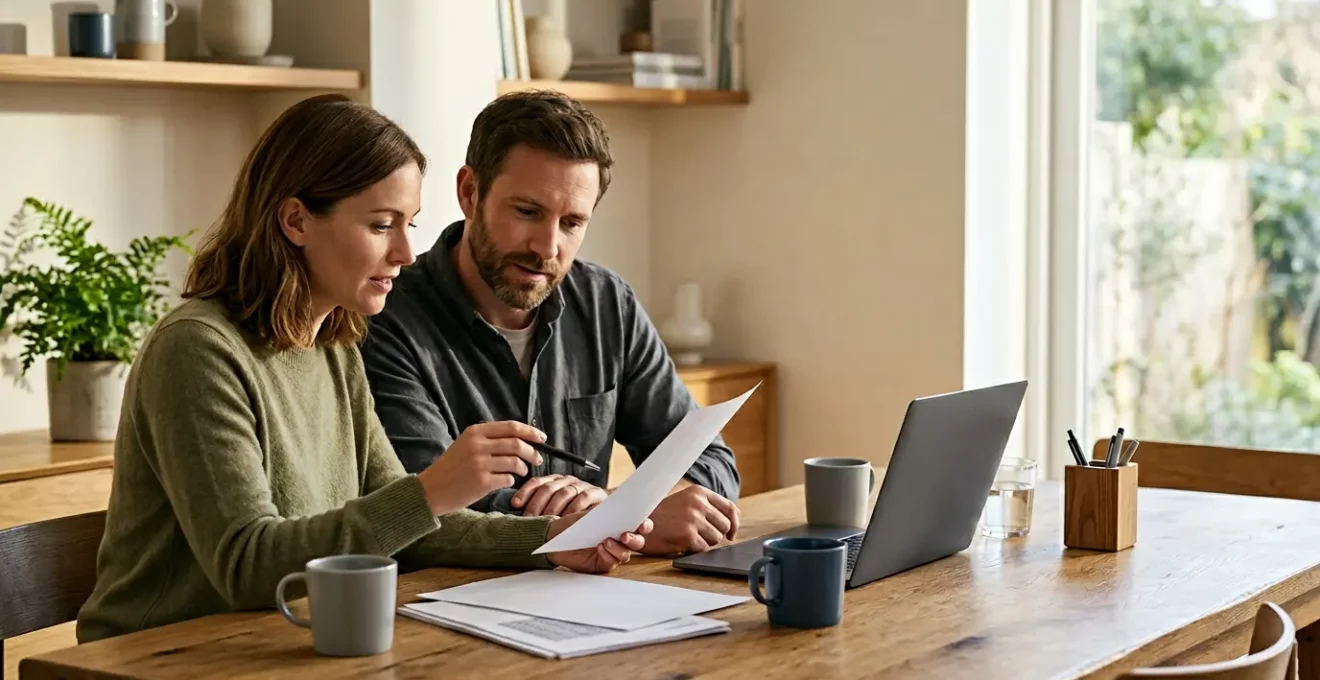 Couple examinant des documents financiers pour leur prêt personnel avec sérénité