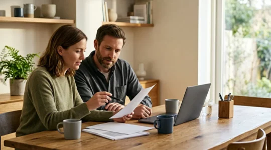 Couple examinant des documents financiers pour leur prêt personnel avec sérénité