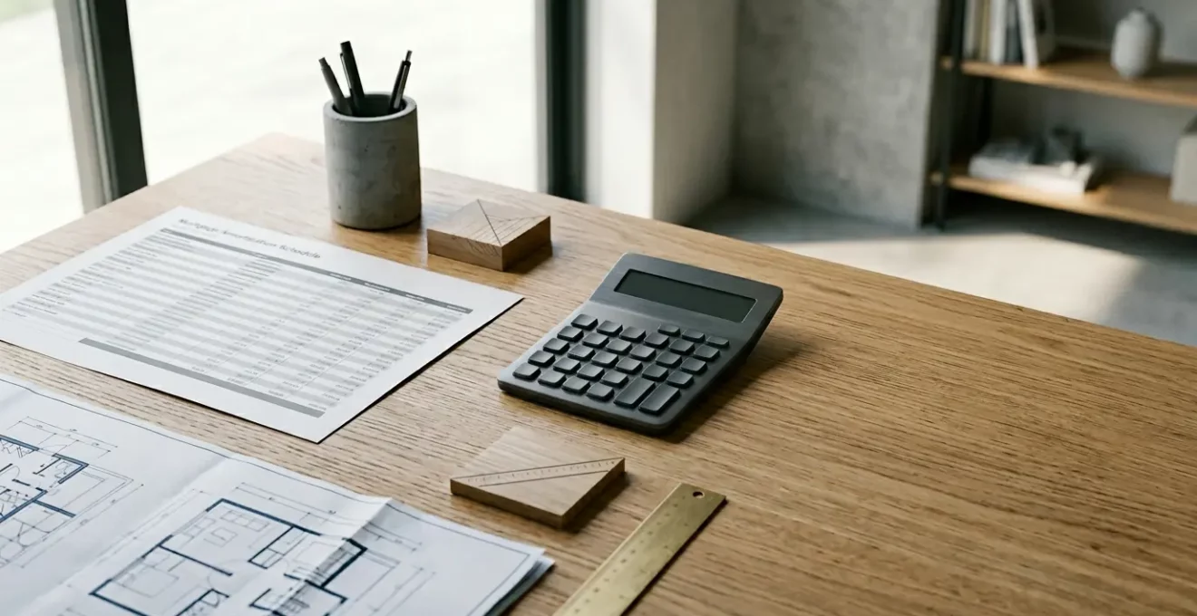 Document financier avec tableau d'amortissement et calculatrice sur un bureau moderne