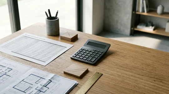 Document financier avec tableau d'amortissement et calculatrice sur un bureau moderne