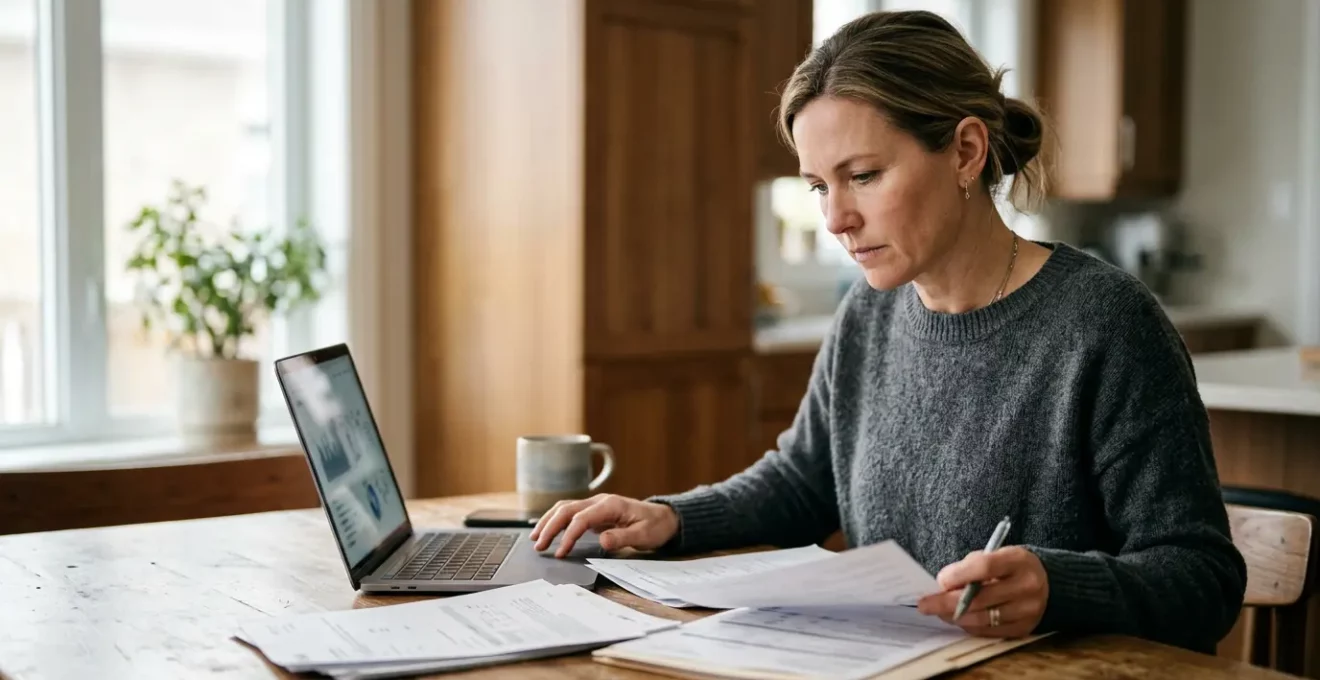 Professionnel consultant des documents financiers dans un environnement domestique lumineux