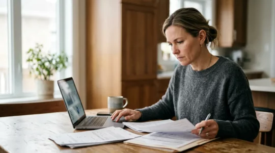 Professionnel consultant des documents financiers dans un environnement domestique lumineux