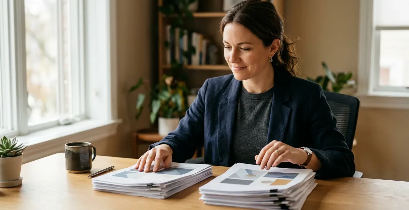 Professionnel de la finance analysant des documents contractuels pour une décision d'assurance emprunteur