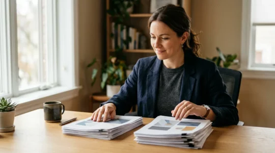 Professionnel de la finance analysant des documents contractuels pour une décision d'assurance emprunteur
