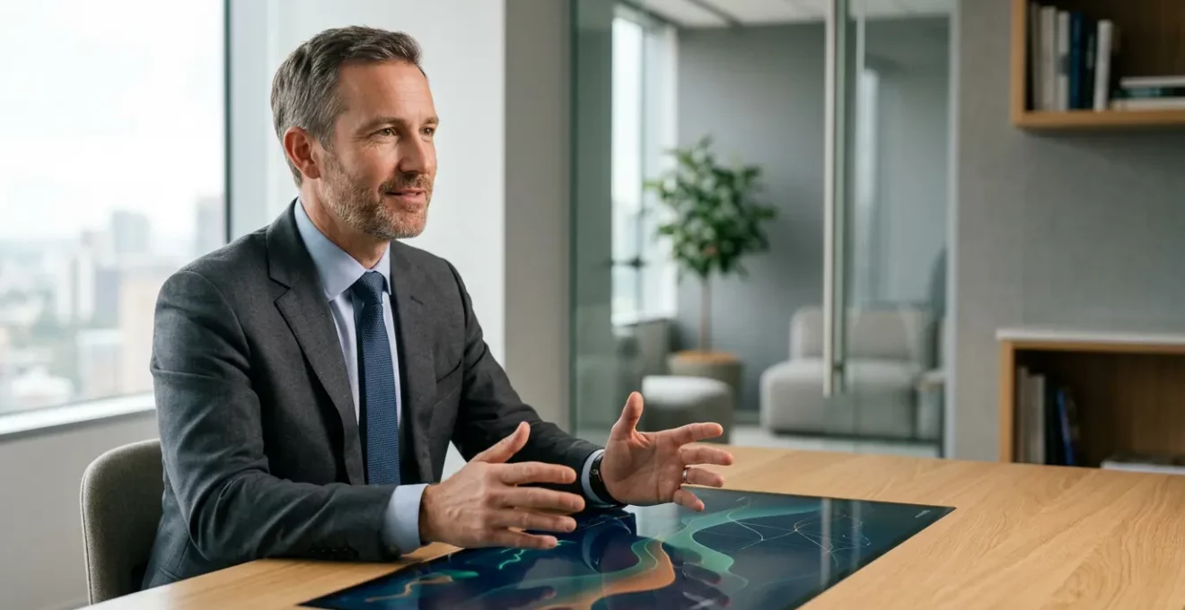 Expert en gestion de patrimoine analysant des stratégies d'investissement dans un environnement professionnel épuré