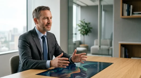 Expert en gestion de patrimoine analysant des stratégies d'investissement dans un environnement professionnel épuré