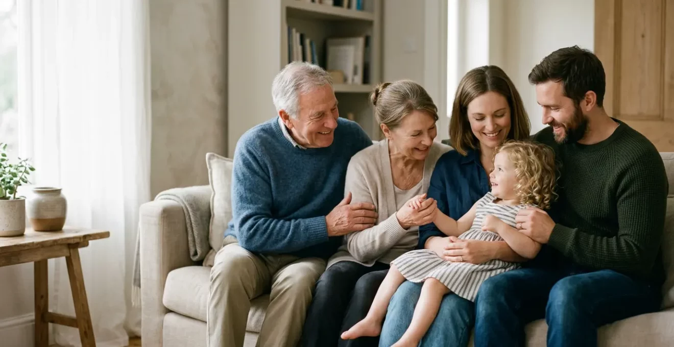Famille multigénérationnelle dans un intérieur lumineux illustrant la protection et la sécurité financière