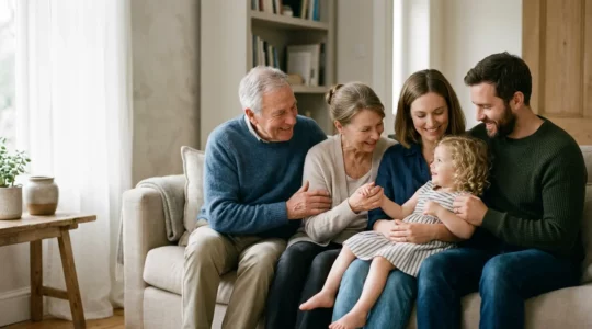 Famille multigénérationnelle dans un intérieur lumineux illustrant la protection et la sécurité financière