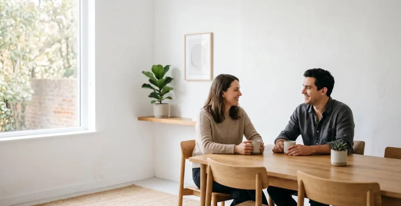 Couple discutant sereinement de leur planification financière et de leur protection mutuelle