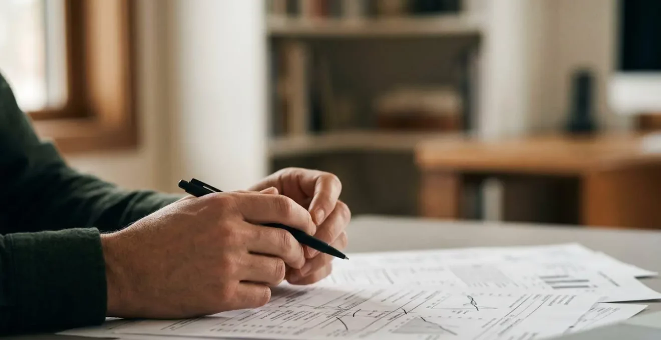 Personne réfléchissant à sa décision financière avec documents de crédit automobile
