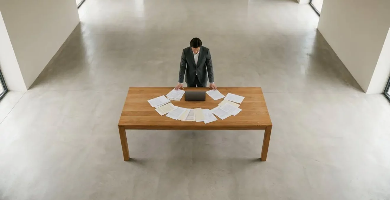 Vue aérienne d'une personne contemplant des documents financiers étalés sur une grande table