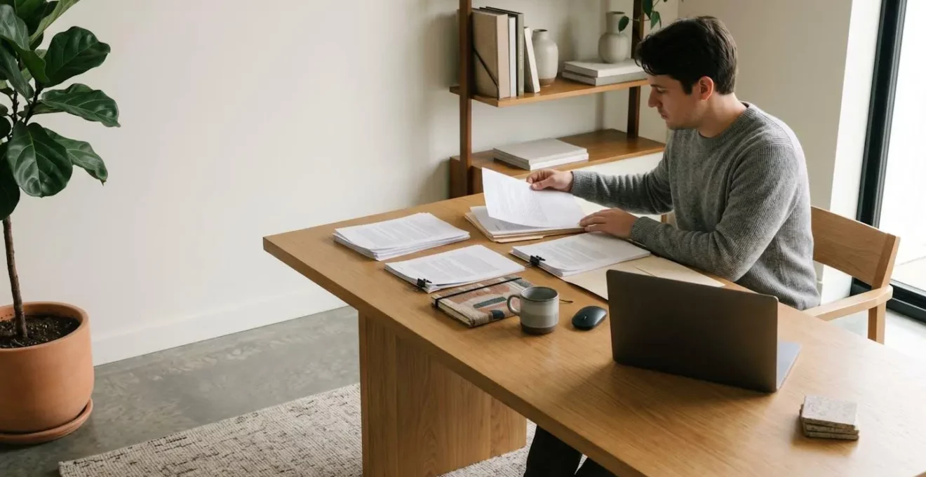 Travailleur indépendant préparant un dossier professionnel de demande de crédit avec documents financiers