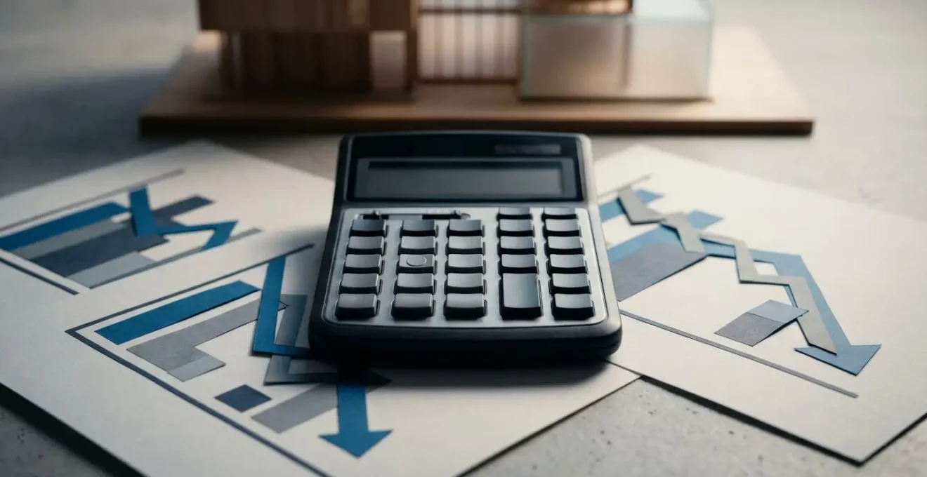 Calculatrice et graphique financier montrant la réduction progressive d'une dette immobilière