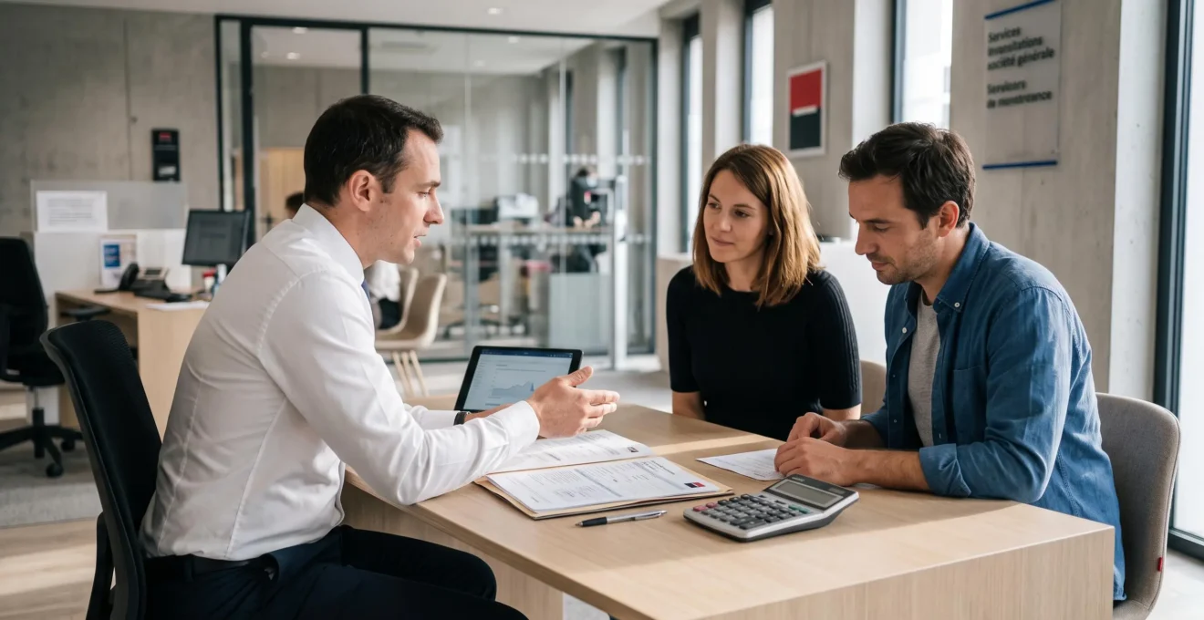 Conseiller bancaire en réunion avec un couple de clients trentenaires dans une agence Société Générale moderne, dossier de prêt immobilier et documents financiers ouverts sur le bureau