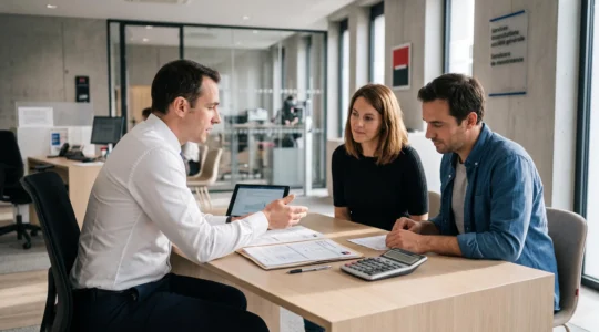 Conseiller bancaire en réunion avec un couple de clients trentenaires dans une agence Société Générale moderne, dossier de prêt immobilier et documents financiers ouverts sur le bureau