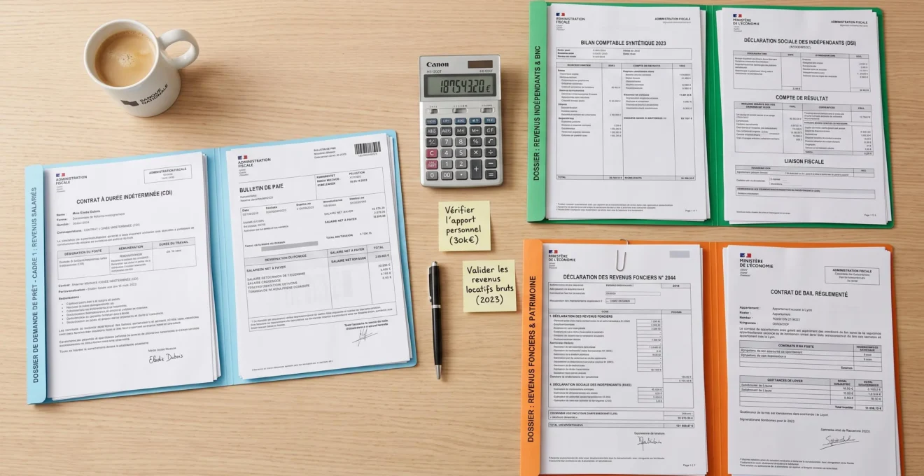 Vue de dessus de trois dossiers de crédit immobilier ouverts sur un bureau bancaire : bulletins de salaire CDI, bilans comptables d'indépendant et déclaration de revenus fonciers d'investisseur
